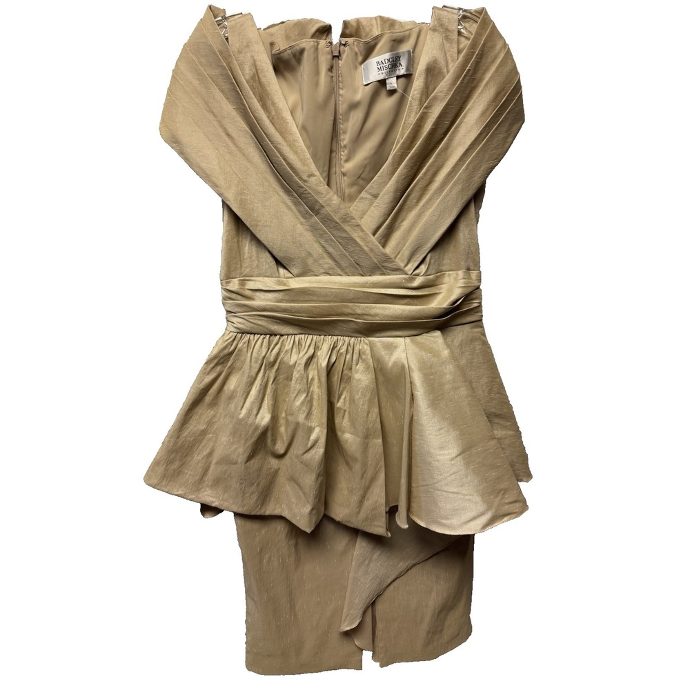Badgley Mischka Collection Portrait Collar Peplum‎ Gold Midi Dress Size 12